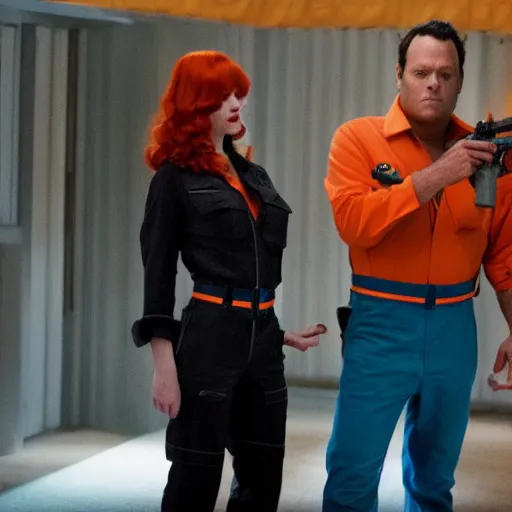 Image similar to vince vaughn as jack fenton, he is wearing an orange coveralls bodysuit with a big sci - fi gun belt, and christina hendricks as maddie fenton, she is wearing a tight teal coveralls bodysuit with a big sci - fi gun belt, movie photo, spooky netflix still shot, they are looking for ghosts