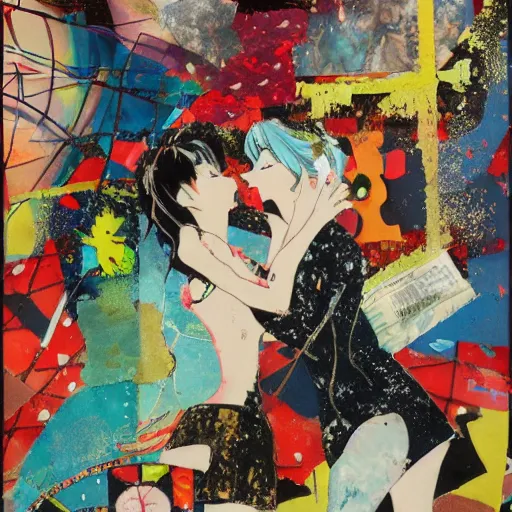 Image similar to two anime women kissing at a carnival, mixed media collage, retro, paper collage, magazine collage, acrylic paint splatters, bauhaus, abstract claymation, layered paper art, sapphic visual poetry expressing the utmost of desires by jackson pollock