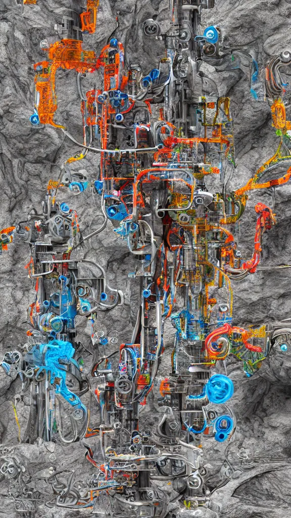 Image similar to 3D full color xray of the complex magical machine embedded within the mountain, colourful sedimentary and igneous rock and marble, rock textures industrial machinery, pistons, pipes and valves, wires, circuitry. 8k 3D geology