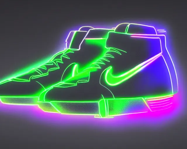 Prompt: A 3D concept desing of futuristic nike sneakers with neon lights from below, unreal engine 5