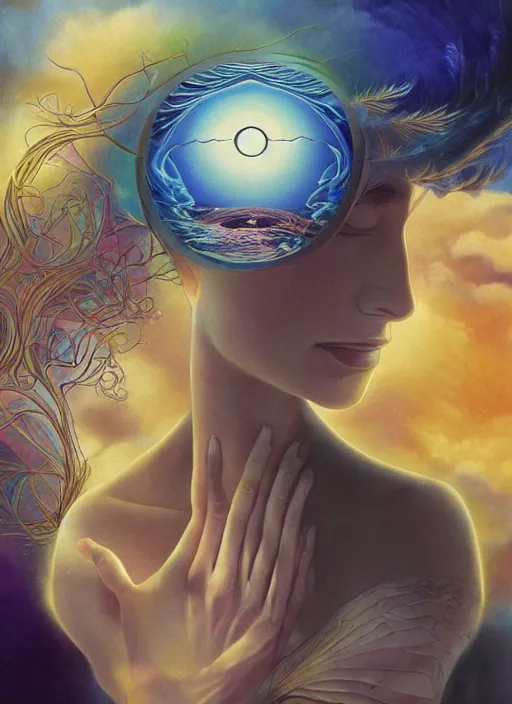 Image similar to a woman falls into a dream within a dream within a dream within a dream within a dream, alex grey, salvador dali, fractal, surreal art, semi realistic anime, studio ghibli, makoto shinkai, award winning illustration, masterpiece, 4 k