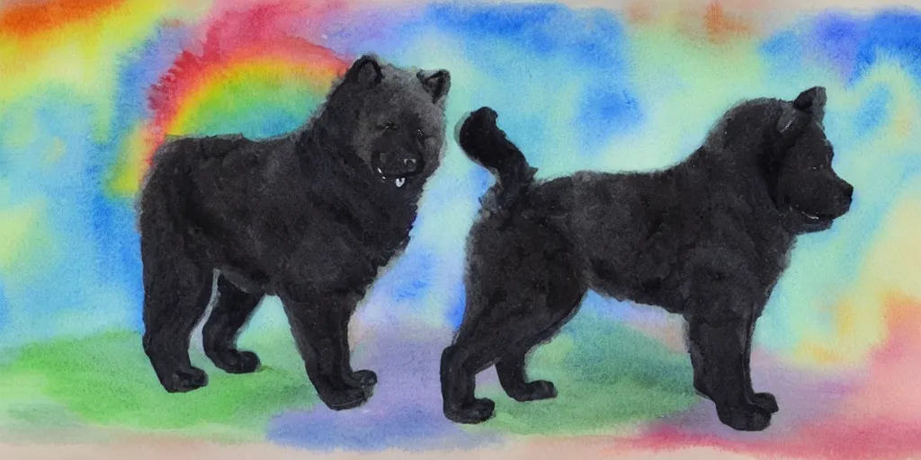 Image similar to a watercolor painting of an off - black chow chow puppy standing on a glowing rainbow bridge