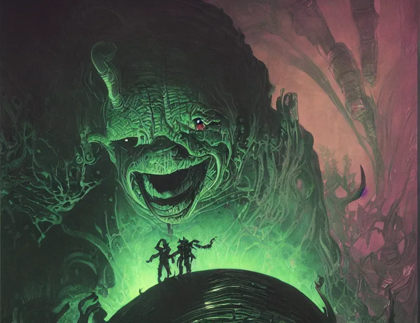 Image similar to a close - up view portrait of a silhouetted supernatural goblin in brutalist halls with metallic alien technology. close - up view, detailed textures. glowing green purple fog, dark black background. highly detailed fantasy science fiction painting by moebius, norman rockwell, frank frazetta, and syd mead. rich colors, high contrast