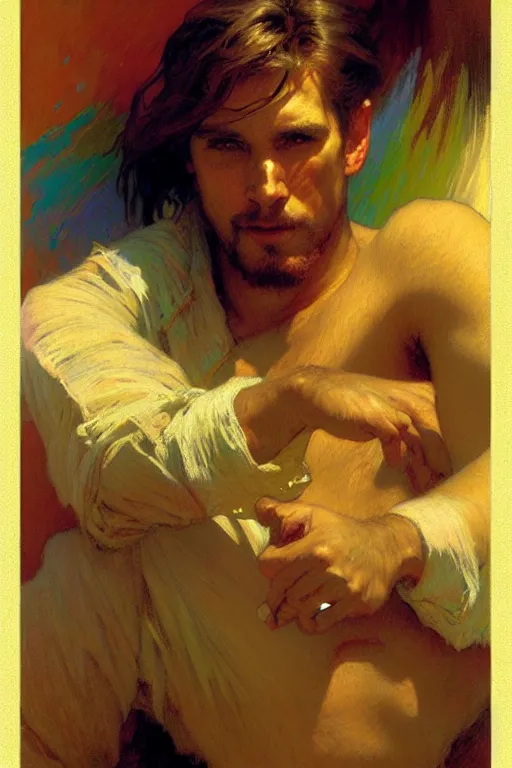 Image similar to attractive man, rainbow, painting by gaston bussiere, craig mullins, greg rutkowski, alphonse mucha