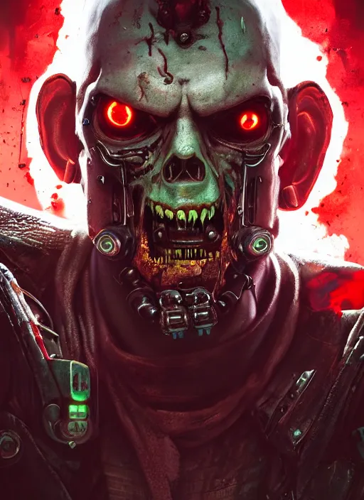 Image similar to cyberpunk portrait of zombie devil from doom, au naturel, hyper detailed, digital art, trending in artstation, cinematic lighting, studio quality, smooth render, unreal engine 5 rendered, octane rendered, art style by pixar dreamworks warner bros disney riot red dead redemption far cry doom cyberpunk 2 0 7 7 riot games and borderlands.