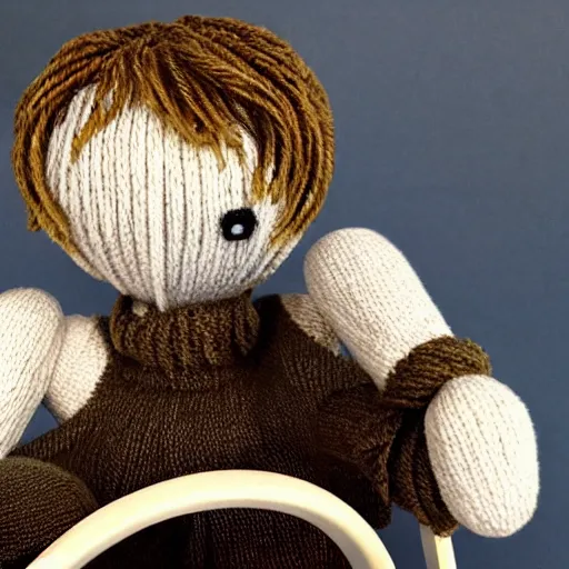 Image similar to Knitted yarn doll Ryan Gosling sits on a rocking chair, realism, proportions,