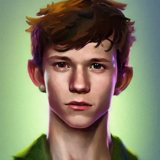 Prompt: Tom Holland as peter pan,brown eyes,green shirt,detailed, 8k hd,by rossdraws and greg rutkowski,in the style of a Instagram profile picture