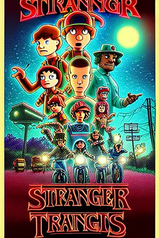 Image similar to animated version of Futurama Stranger Things poster by Matt Groening, cartoon, high resolution, hyper detailed, intricate, illustrated, dramatic lighting !n-9