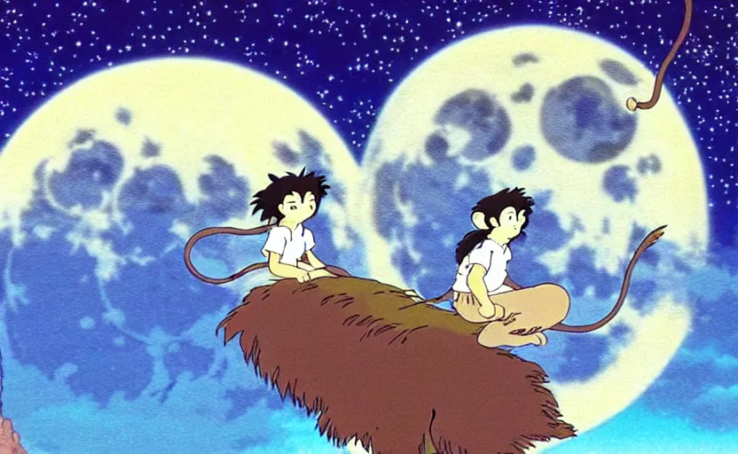 Prompt: a still from a studio ghibli movie of a cartoon monkey from princess mononoke ( 1 9 9 7 ) flying on a magic carpet in front of a pale full moon, full body, wide shot, very dull muted colors, studio ghibli, highly detailed, deviantart, art by artgem