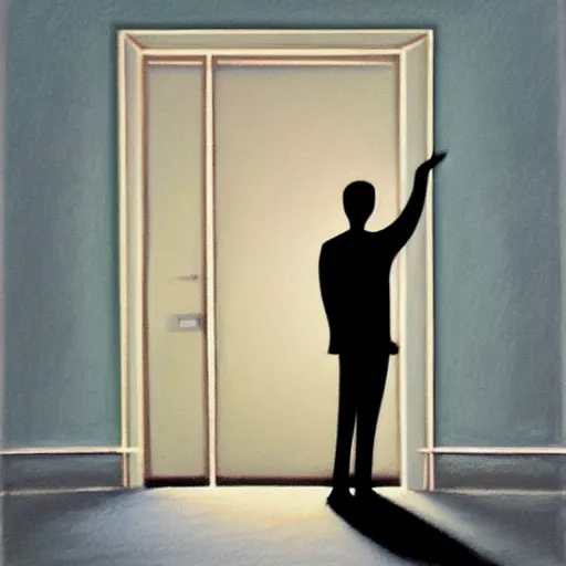 Image similar to a pastel painting of a silhouette person standing at the door of a dark room