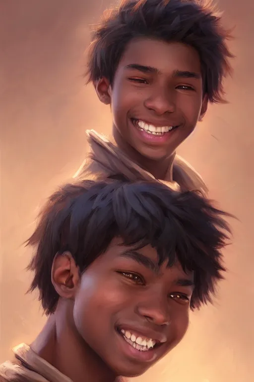 Image similar to young teenager boy with straight short brown hair, dark skin, big lips, smiling. highly detailed, d & d, fantasy, highly detailed, digital painting, trending on artstation, concept art, sharp focus, illustration, art by artgerm and greg rutkowski and fuji choko and viktoria gavrilenko and hoang lap