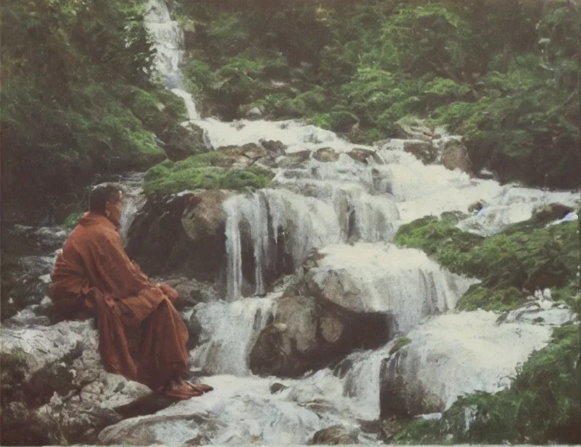 Image similar to by steve hanks, by serov valentin, by lisa yuskavage, by andrei tarkovsky, by terrence malick focused monk sits near waterfall, polaroid, vintage, soft lights, foggy, oil on canvas