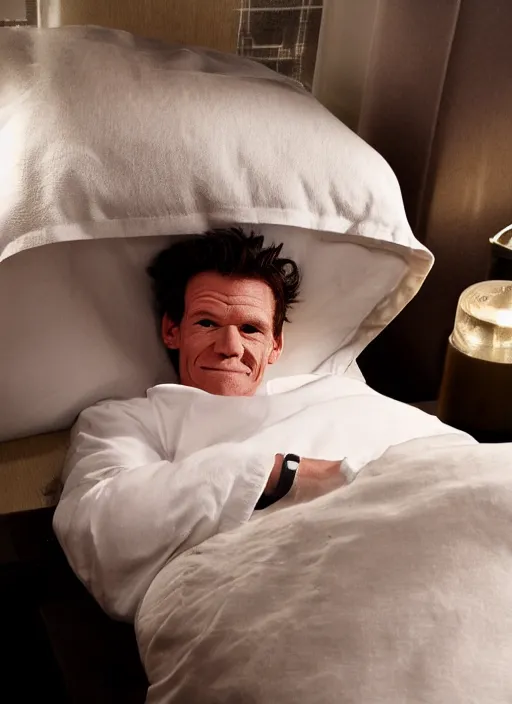 Prompt: gordan ramsay tucked into bed, cute, adorable, teddy bear