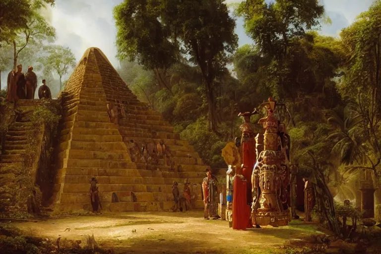 Image similar to Priests bowing before Aztec pyramid in jungle by Ludwig Deutsch and Rudolf Ernst, strong dramatic cinematic lighting, lost civilizations, smooth, sharp focus, extremely detailed