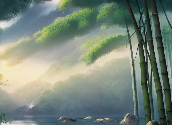 Prompt: misty japanese bamboo forest, lake, waterfall!!!!!, large rocky mountain, rule of thirds, sunny, cartoony, stylized anime, sun rays, soft, by hayao miyazaki, ghibli studio, makoto shinkai, toei animation, studio trigger, trending on artstation, 4 k, hd