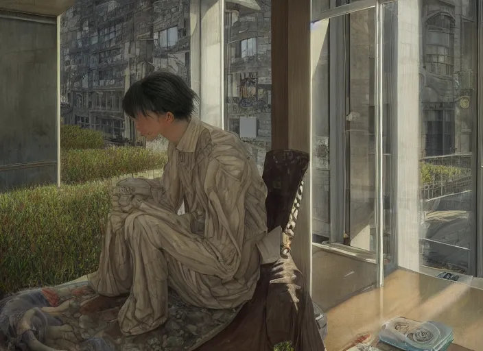 Prompt: portrait of man outside office building with ghost, cynical realism, painterly, yoshitaka amano, miles johnston, moebius, beautiful lighting, miles johnston, klimt, tendrils, in the style of, louise zhang, victor charreton, james jean, two figures, terrence malick screenshots, ghibli screenshot