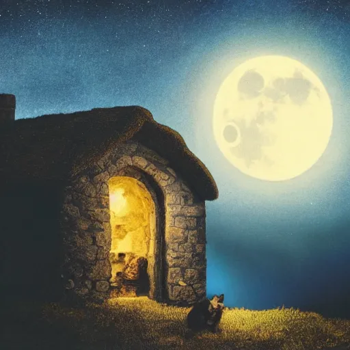 Prompt: bert jansch on the roof of a small medieval cottage, howling at the moon, beautiful nighttime photograph, 4 k