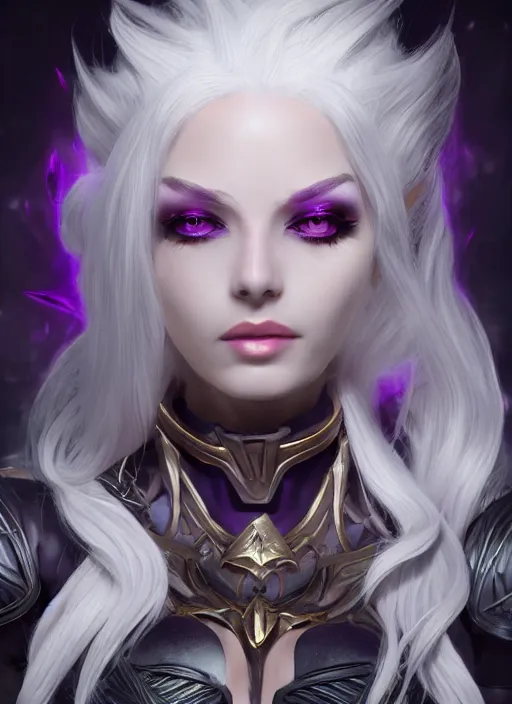 Image similar to syndra, from league of legends, white hair, purple magic, hyper detailed, digital art, au naturel, with abs, trending in artstation, cinematic lighting, studio quality, smooth render, unreal engine 5 rendered, octane rendered, art style by klimt and nixeu and ian sprigger and wlop and krenz cushart