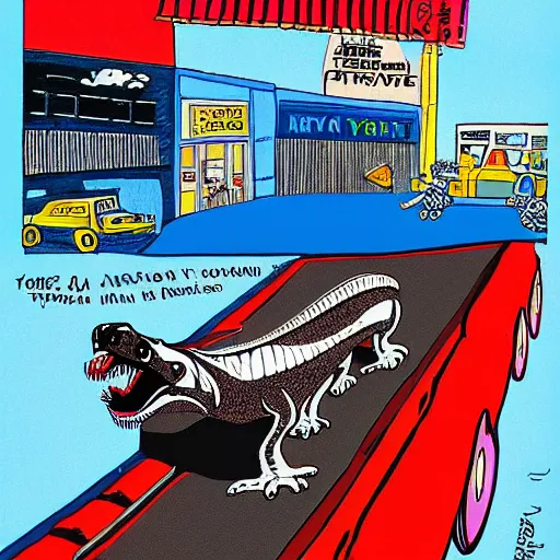 Image similar to animated tyrannosaurus skateboarding on a truck through new York City, cartoon, 1993, by amblimation, by universal pictures