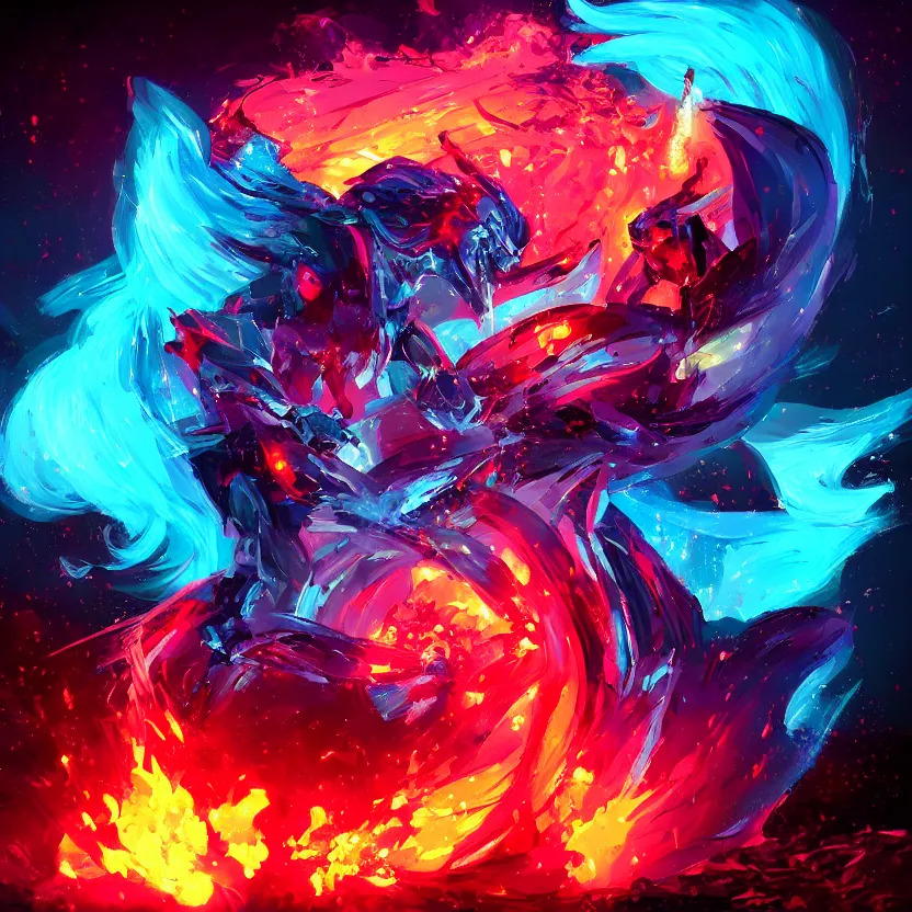 Prompt: explosions of ice and fire, retrowave epic art, trending on art station