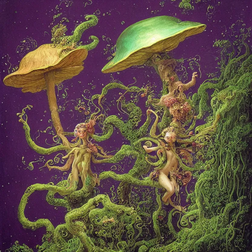 Prompt: a close - up rococo portrait of a futuristic iridescent mushroom alien elf - like creature standing in water, moss, and swamp. fireflies night time. rich purple colors, high contrast. gloomy, highly detailed 1 8 th century sci - fi fantasy masterpiece painting by jean - honore fragonard, moebius, and johfra bosschart. artstation