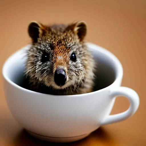 Prompt: baby quokka in a teacup, photography, minimalistic, 8 k