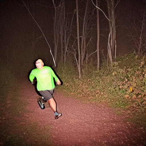 Prompt: Shrek running, caught on trail cam, night photography