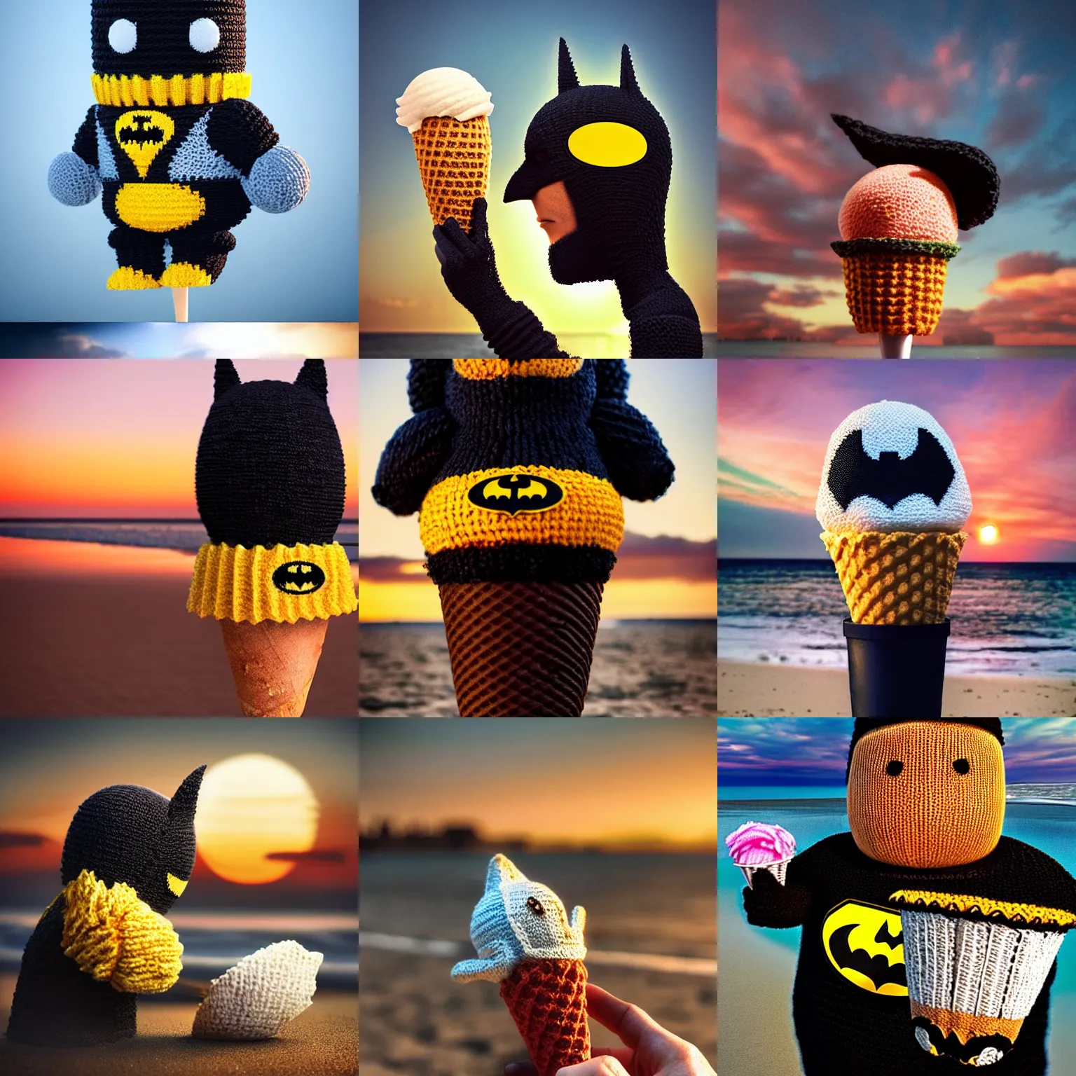 Prompt: a large knitted batman devouring a delicious ice cream cone during sunset at the beach Trending on artstation, featured on Behance, well-rendered, Unreal Engine, 4K HD