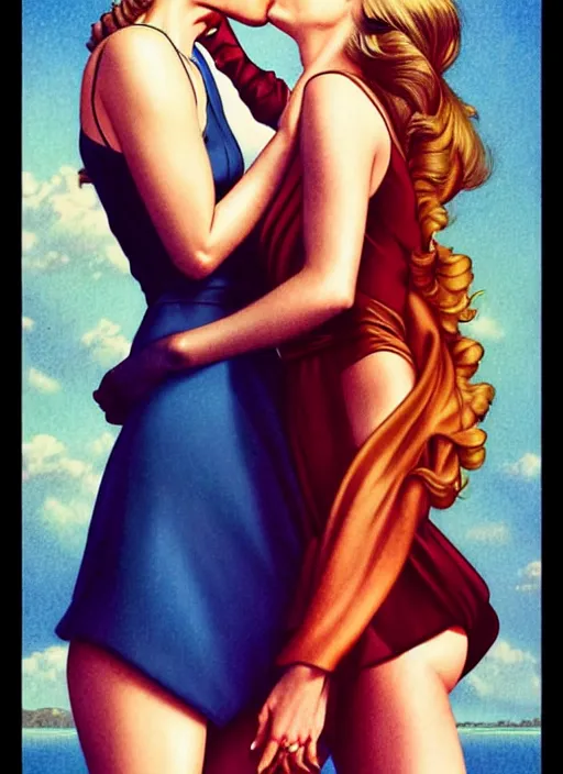 Image similar to brie larson and amber heard kissing, full body portrait, natural lights, photorealism, dramatic, cinematic, art by artgerm, rossdraws, norman rockwell, magali villeneuve, gil elvgren, alberto vargas, earl moran, enoch bolles