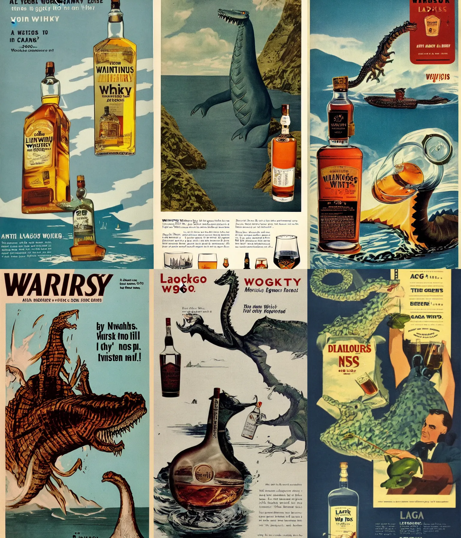 Prompt: 1960 vintage whisky ad featuring Lagiacrus as the Lock Ness monster