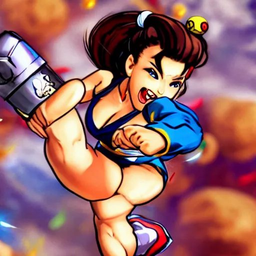 Prompt: chun li stomping a goomba with a pogo stick.