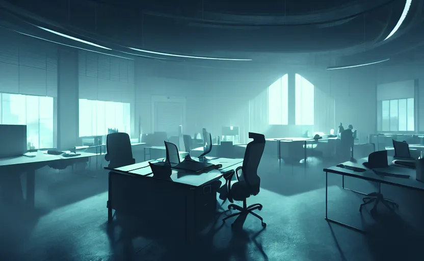 Image similar to office, horror scene, fluorescent lighting, beautiful volumetric-lighting-style atmosphere, futuristic atmosphere, intricate, detailed, photorealistic imagery, artstation