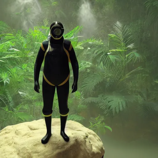 Image similar to a man wearing a 1 9 0 0 diving suit, walking through a lush jungle, realistic octane render, ray traced, god rays, extremely high detail