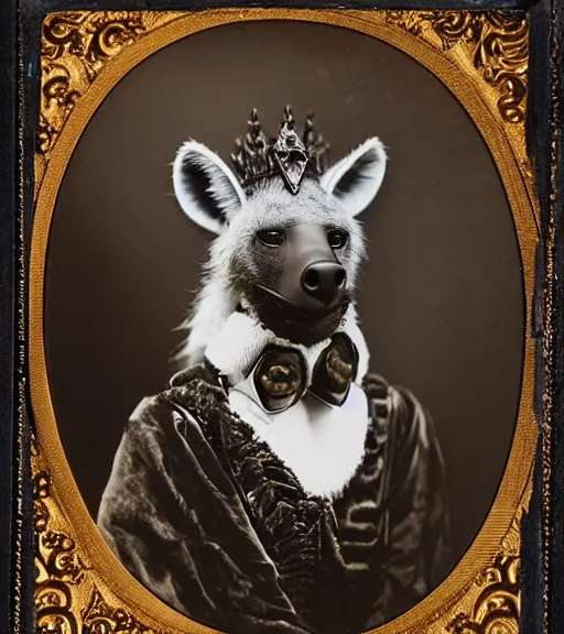 Prompt: professional studio photo portrait of anthro anthropomorphic spotted hyena head animal person fursona smug smiling wearing elaborate pompous royal king robes clothes degraded medium by Louis Daguerre daguerreotype tintype