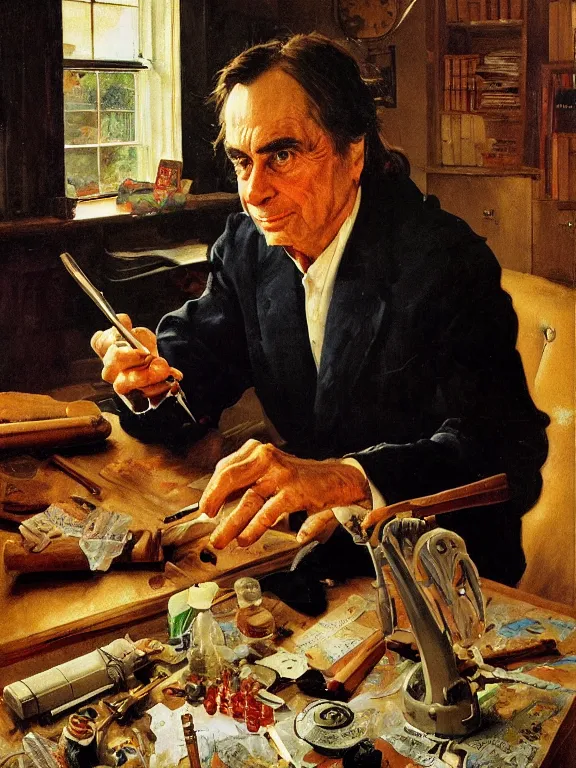 Prompt: portrait of carl sagan rolling a joint, in a style blend of norman rockwell and frederick remington and mort kunstler, oil painting, volumetric lighting, intricate details