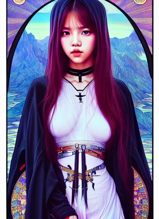 Image similar to lalisa manoban of blackpink, grim reaper costume, tarot card, highly detailed, digital painting, smooth, sharp focus, illustration, ultra realistic, 8 k, art by artgerm and alphonse mucha