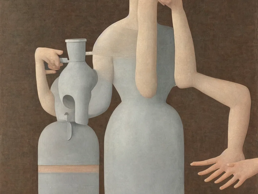 Image similar to Close up of delicate hands holding a water jug. Painting by Alex Colville, Piero della Francesca