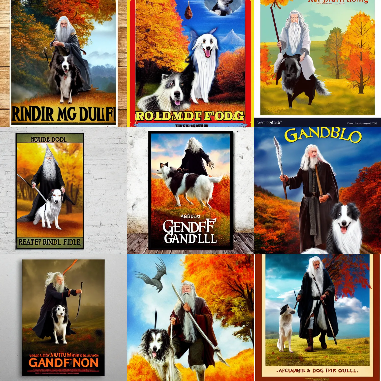 Prompt: Gandalf!!! riding a border collie, movie poster, autumn colors