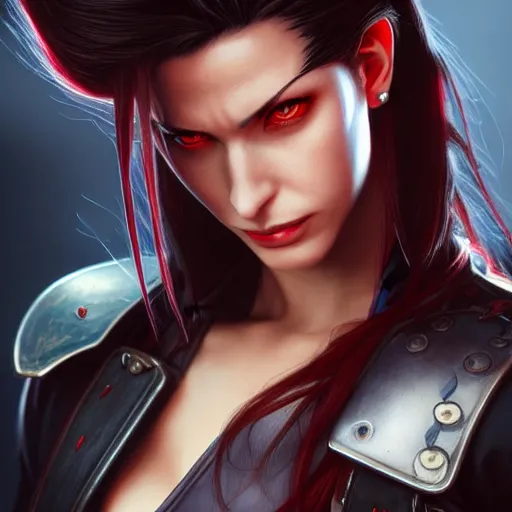 Image similar to Portrait of a female genderbend Vincent Valentine of Final Fantasy VII, epic dark fantasy, medium shot, intricate, elegant, highly detailed, digital painting, artstation, concept art, smooth, sharp focus, illustration, art by artgerm and greg rutkowski and alphonse mucha