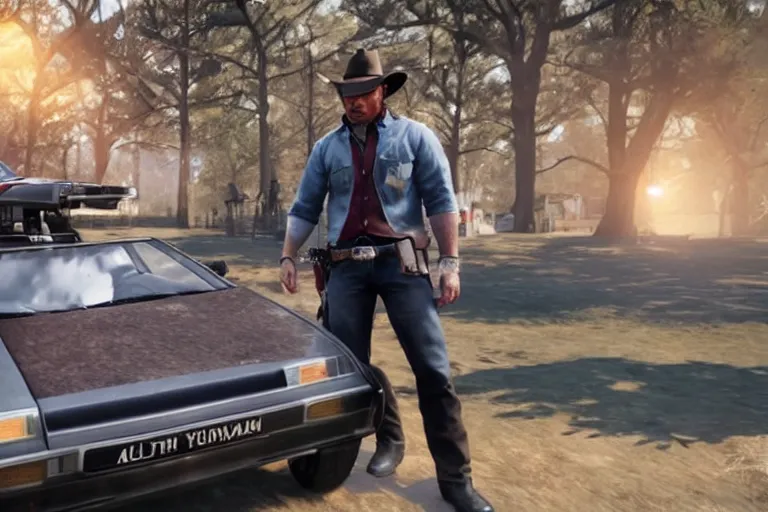 Prompt: Arthur Morgan buys a delorean from john marston