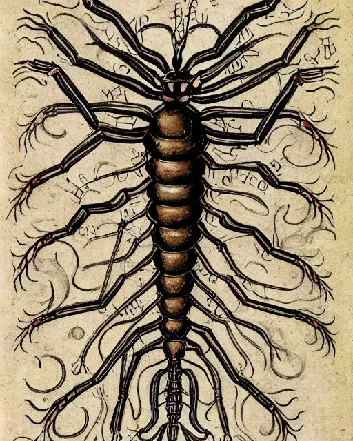 Prompt: a scientific illustration of the anatomy of cryptid. insectoid, fire - type. in the style of voynich manuscript and da vinci.