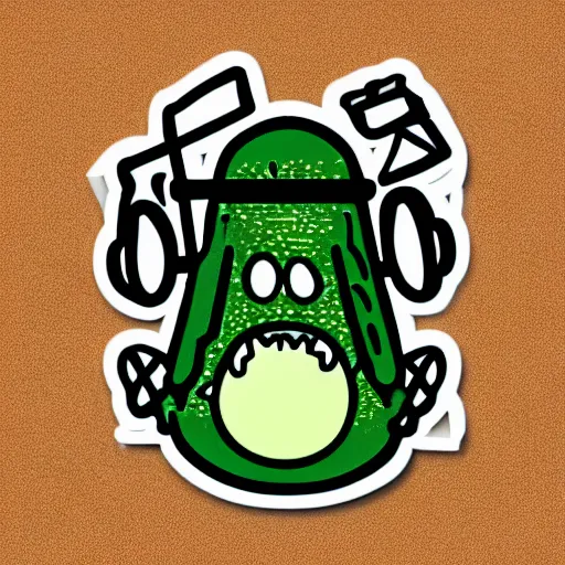 Image similar to a pickle-rick, svg sticker, vector art, wearing headphones, jamming to music