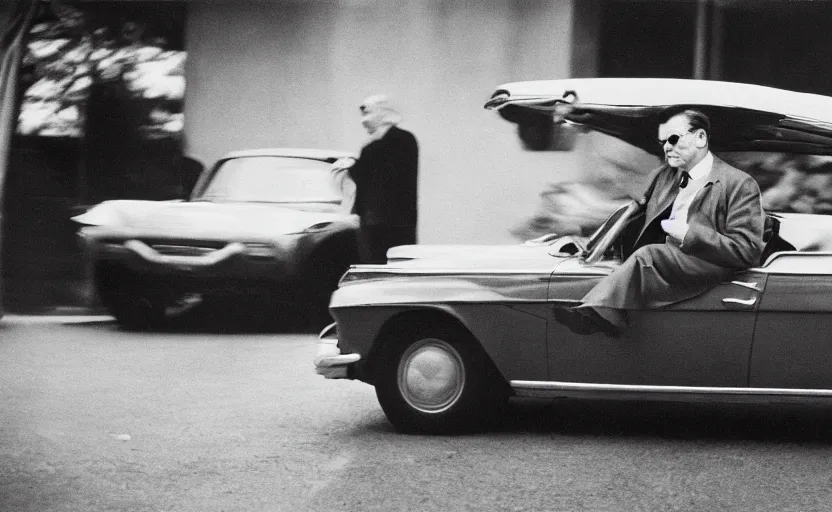 Prompt: 60s movie still full-lenght portrait of Josip Broz Tito going out of his car, by Irving Penn , Cinestill 800t 35mm black and white, heavy grainy picture, very detailed, high quality, 4k, HD criterion, dramatic lightning, precise texture