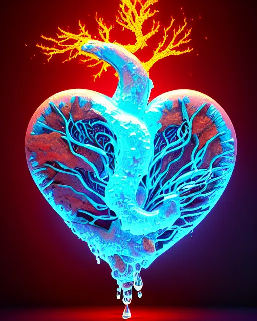 Image similar to 3 d render of beautiful ornate carved water heart, sigma 5 0 0 mm f / 5. beautiful intricate highly detailed heart, plasma, lava, ice, water, wind, creature, thunderstorm! artwork by tooth wu and wlop and beeple and greg rutkowski, 8 k trending on artstation