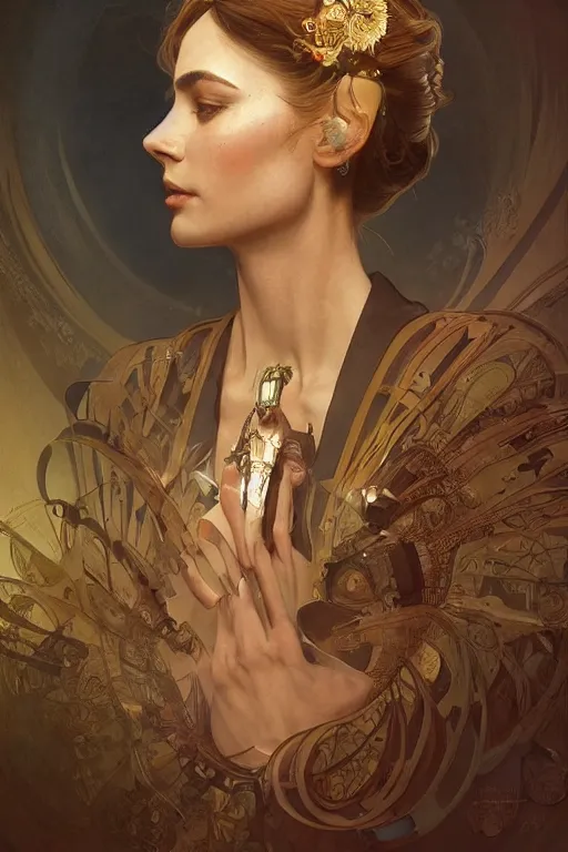 Image similar to portrait of mr who, his time machine is in the background, m, intricate, elegant, highly detailed, digital painting, artstation, concept art, smooth, sharp, focus, illustration, art by artgerm and greg rutkowski and alphonse mucha