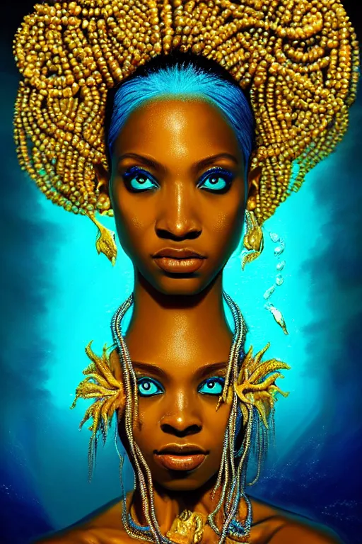Prompt: hyperrealistic whole body cinematic bioluminescent very expressive! oshun goddess underwater scene, gold jewerly, highly detailed face, digital art masterpiece, smooth eric zener cam de leon, dramatic pearlescent turquoise light on one side, low angle uhd 8 k, shallow depth of field