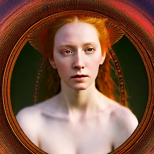 Prompt: high detail photographic portrait of a stunningly beautiful english renaissance female surrounded by a geometric halo mandala, in soft dreamy light at sunset, beside the river, soft focus, contemporary fashion shoot, hasselblad nikon, in a denis villeneuve movie, by edward robert hughes, annie leibovitz and steve mccurry, david lazar, jimmy nelsson, hyperrealistic, perfect face