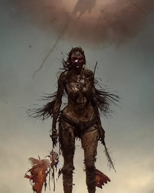 Prompt: hyper realistic photo of postapocalyptic cannibal scavenger shaman woman, full body, cinematic, artstation, cgsociety, greg rutkowski, james gurney, mignola, craig mullins, brom,