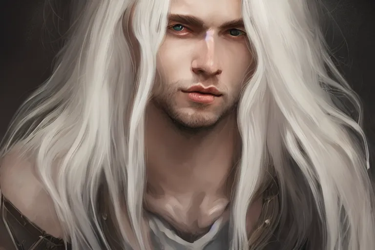 Prompt: young cute beautiful man with long white hair, d & d, fantasy, portrait, highly detailed, headshot, digital painting, trending on artstation, concept art, sharp focus, illustration, art by wlop