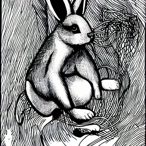 Image similar to black - and - white line art illustration of a playful rabbit in a tangled thicket, smoking a cigarette, with smoke rising from the cigarette, whimsical masterpiece